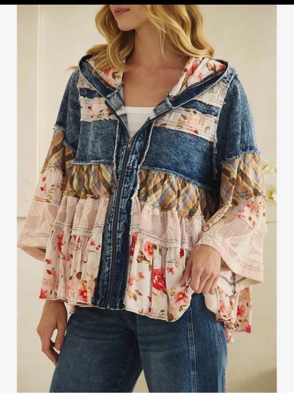 Oli and Hali hooded plaid boho western lace patchwork floral jean jacket coat